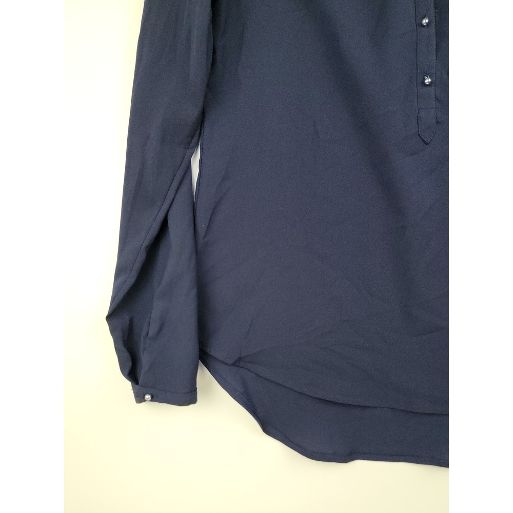 New York & Company Womens XS Navy Blue Split Neck Long Sleeve Blouse Epaulettes - Picture 4 of 10